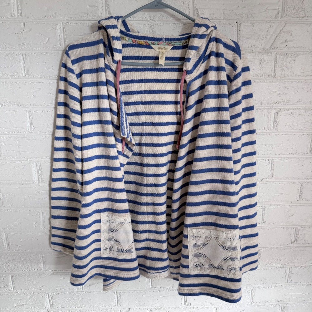 Matilda Jane Striped Hoodie Cardigan Blue White Lace Trim Open Front Women's S